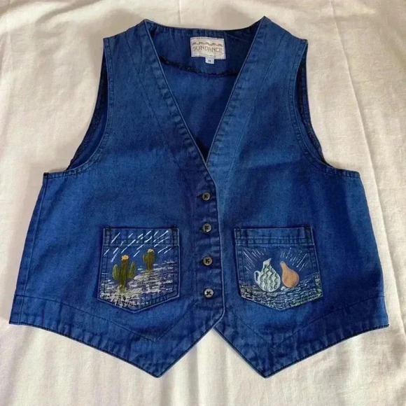 Sundance Jackets & Blazers - Vintage 80's Sundance Denim Vest Size Medium Acid Wash Painted Southwest Aztec